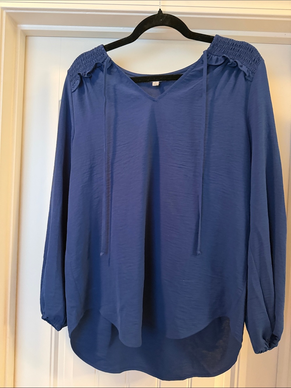 Women's Smocked Shoulder V-Neck Tunic in Blue